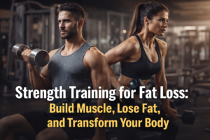 Man and woman performing strength training exercises in a gym, demonstrating strength training for fat loss to build muscle, lose fat, and transform the body.